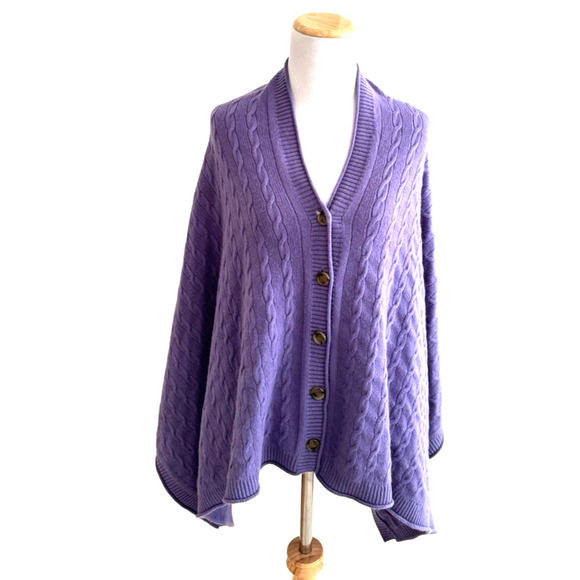 Vince Cashmere Sweater Cape Poncho One Size Purple Cable Knit Buttons Soft Warm - Picture 1 of 7